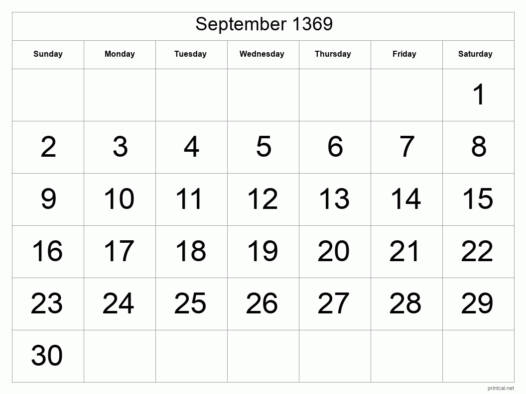 September 1369 Printable Calendar - Big Dates