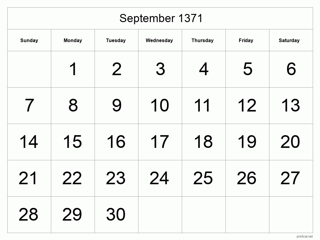September 1371 Printable Calendar - Big Dates