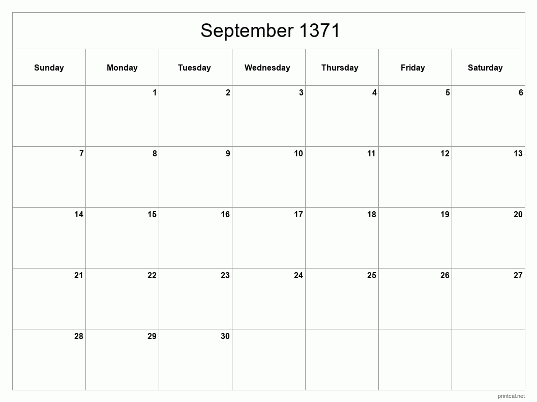 September 1371 Printable Calendar - Classic Blank Sheet