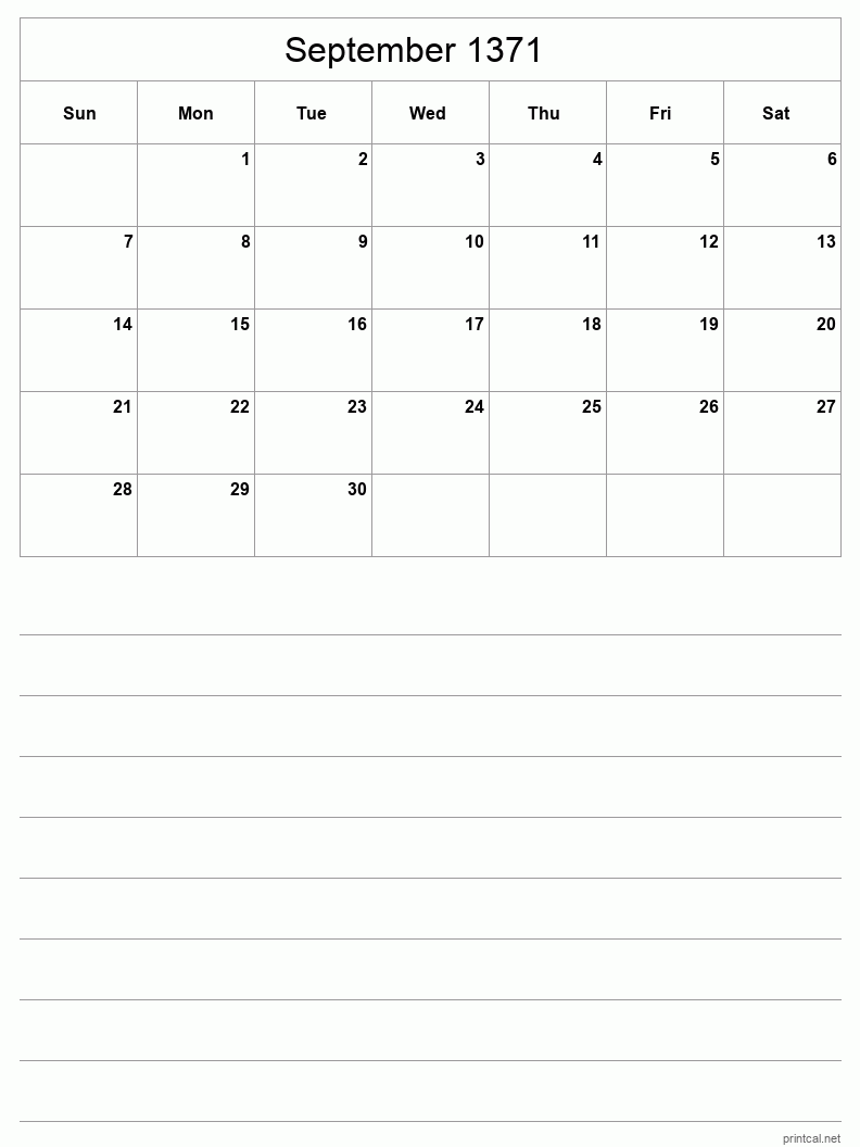September 1371 Printable Calendar - Half-Page With Notesheet