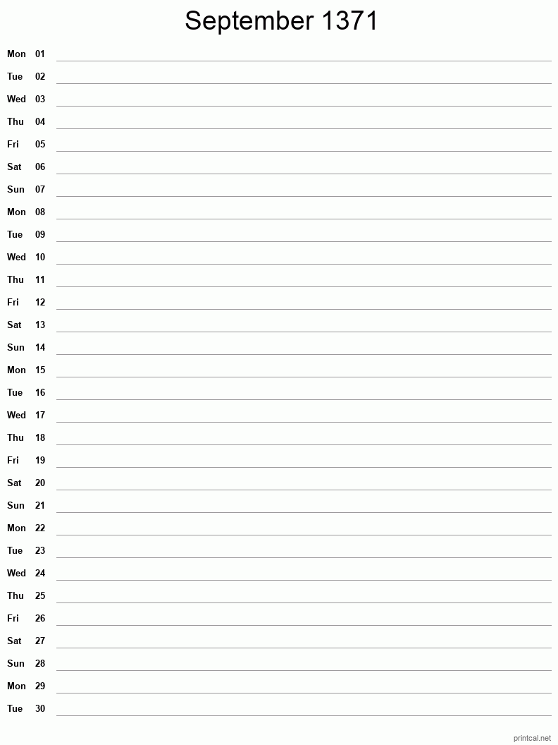 September 1371 Printable Calendar - Single Column Notesheet
