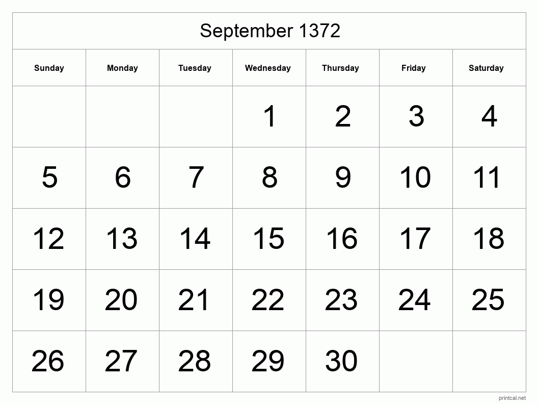 September 1372 Printable Calendar - Big Dates