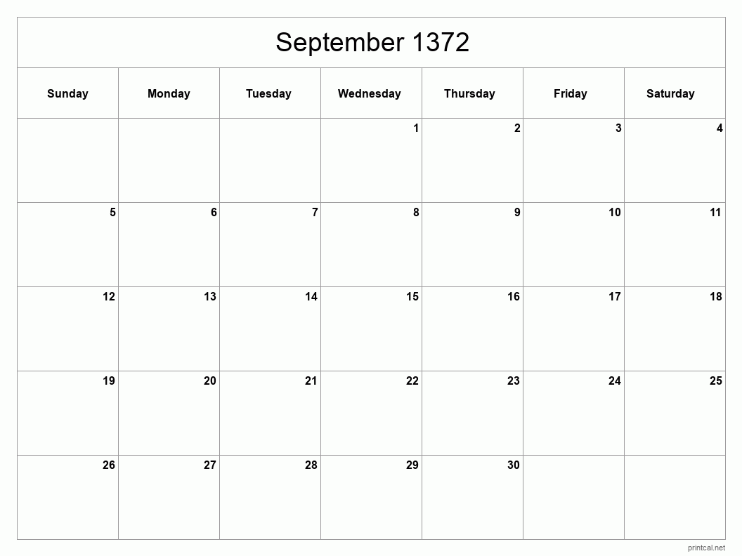 September 1372 Printable Calendar - Classic Blank Sheet