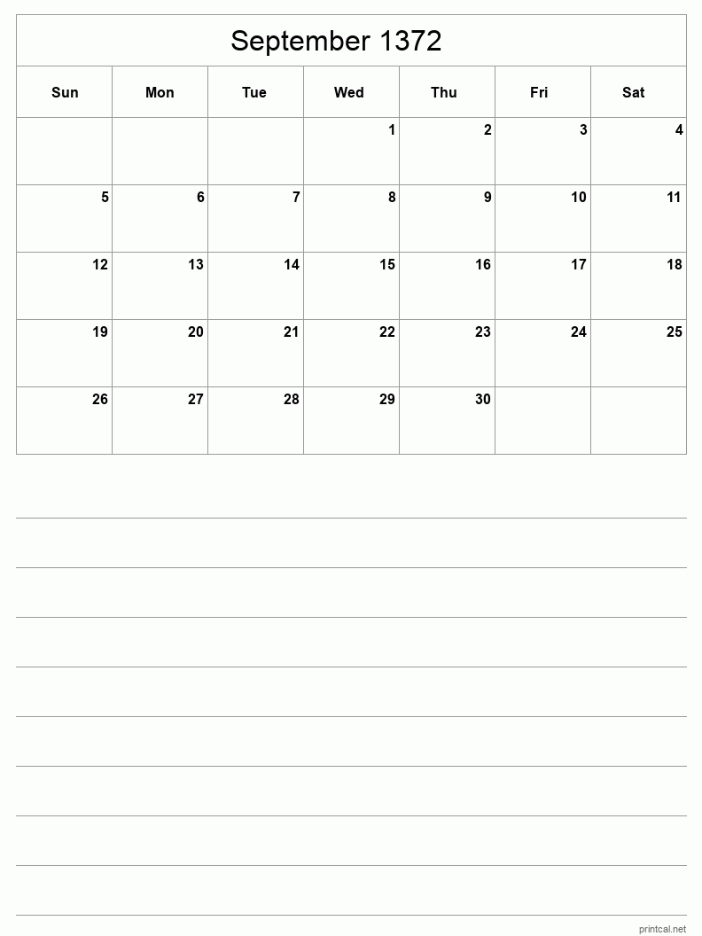 September 1372 Printable Calendar - Half-Page With Notesheet