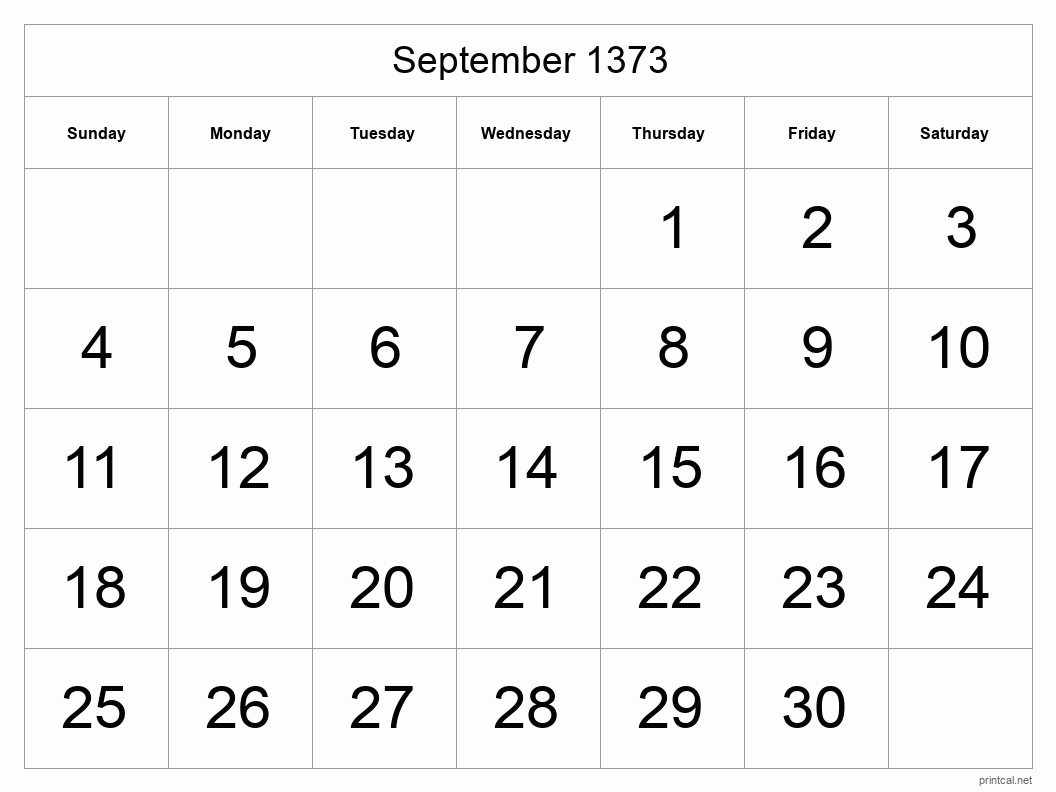 September 1373 Printable Calendar - Big Dates