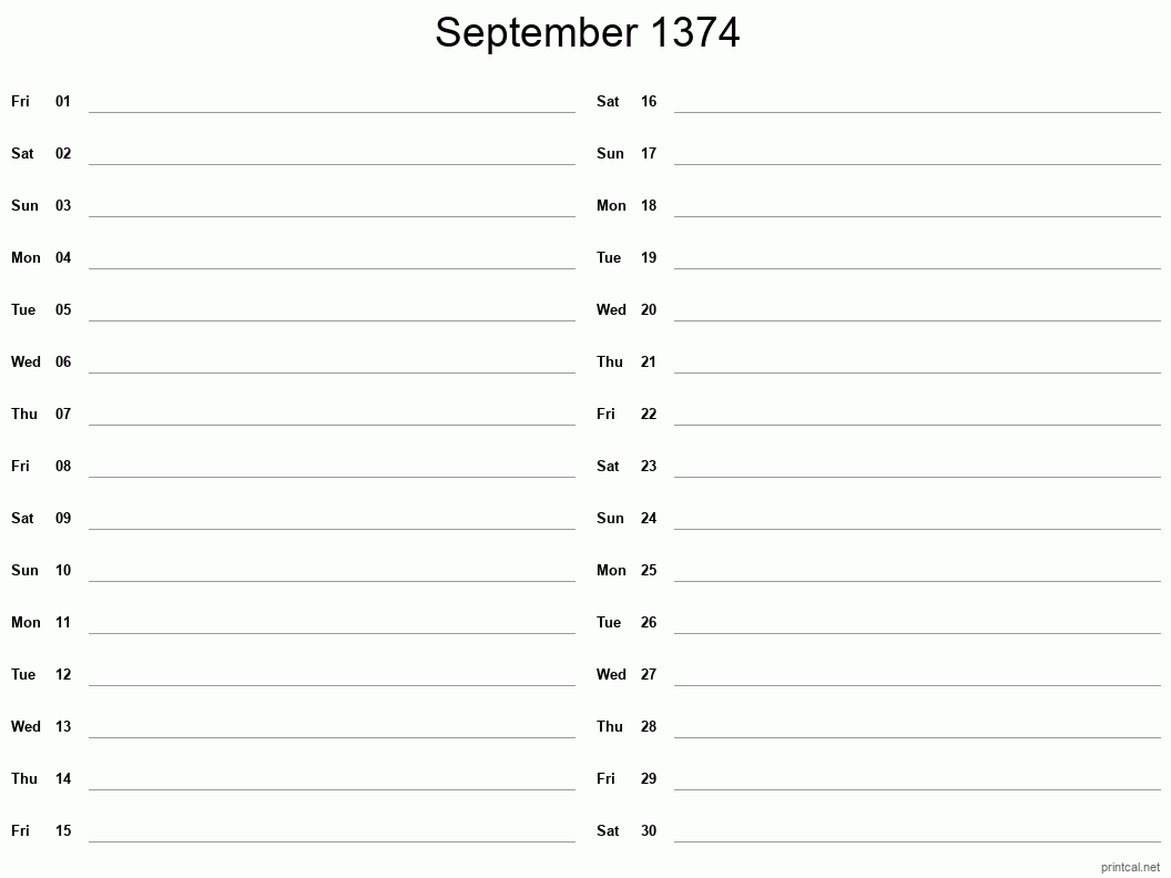 September 1374 Printable Calendar - Two Column Notesheet