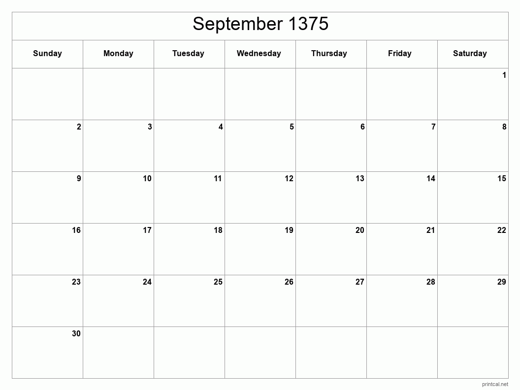 September 1375 Printable Calendar - Classic Blank Sheet
