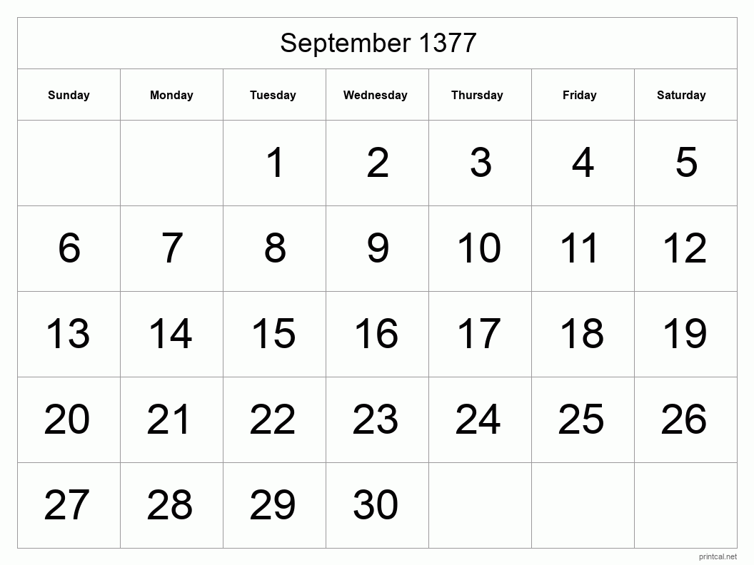 September 1377 Printable Calendar - Big Dates