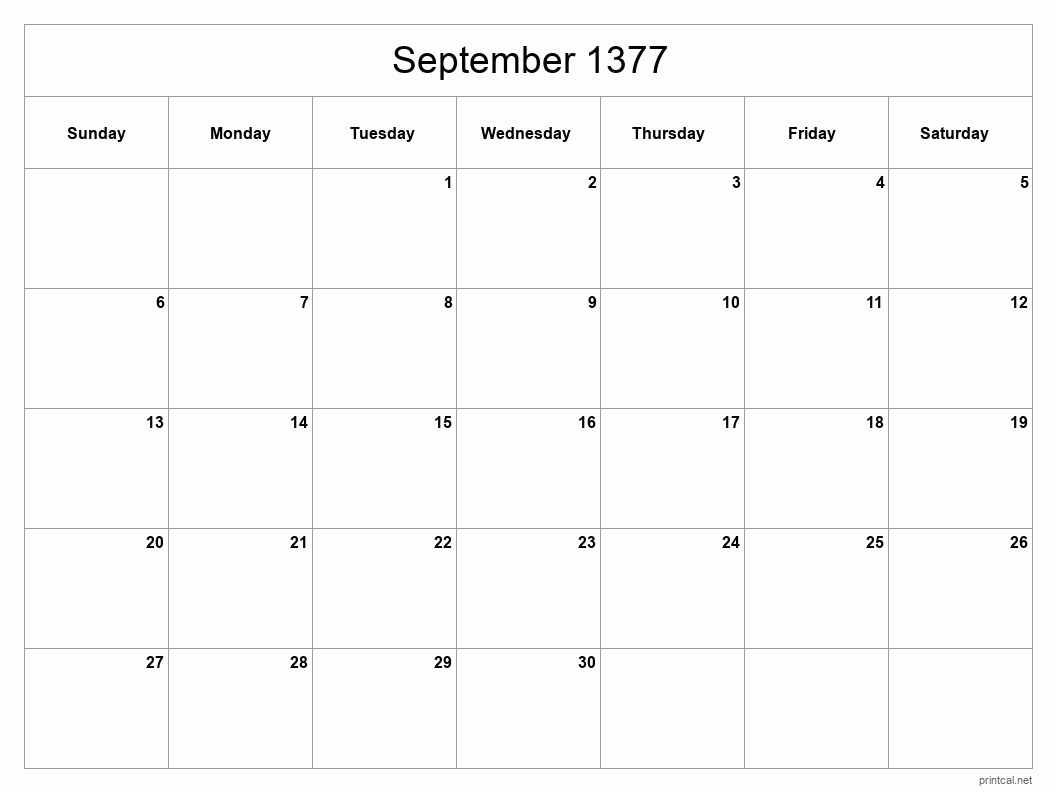 September 1377 Printable Calendar - Classic Blank Sheet