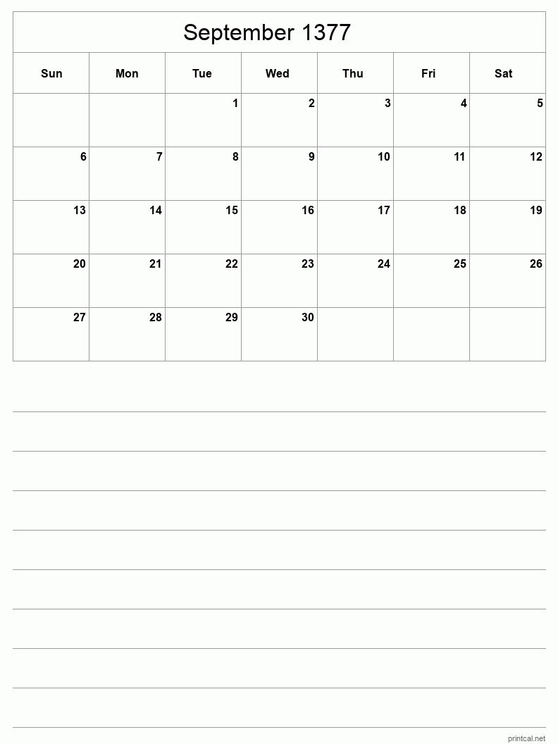 September 1377 Printable Calendar - Half-Page With Notesheet