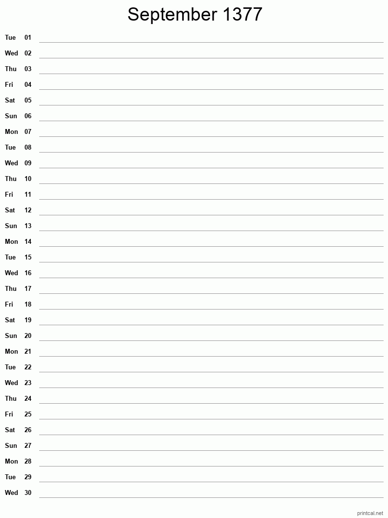 September 1377 Printable Calendar - Single Column Notesheet