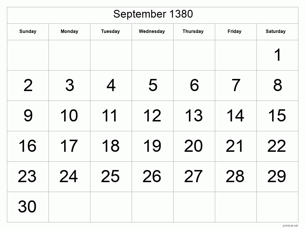 September 1380 Printable Calendar - Big Dates
