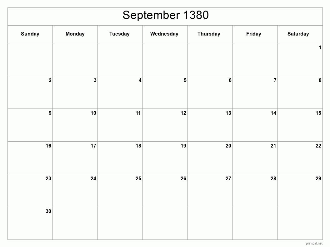 September 1380 Printable Calendar - Classic Blank Sheet