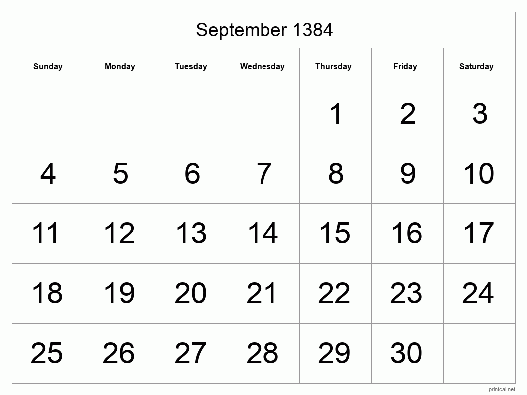 September 1384 Printable Calendar - Big Dates