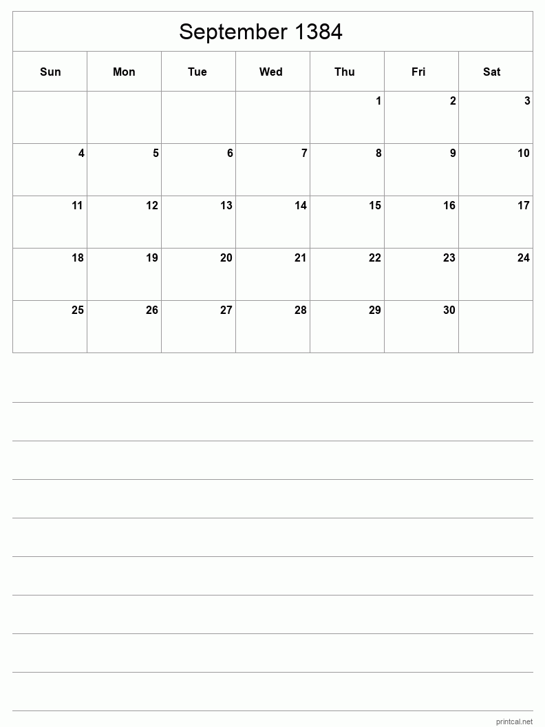 September 1384 Printable Calendar - Half-Page With Notesheet