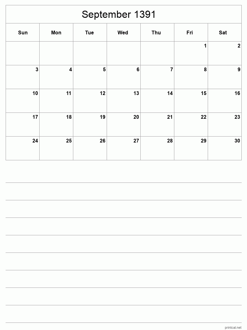 September 1391 Printable Calendar - Half-Page With Notesheet
