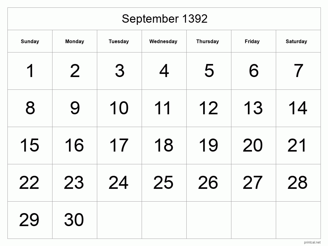 September 1392 Printable Calendar - Big Dates