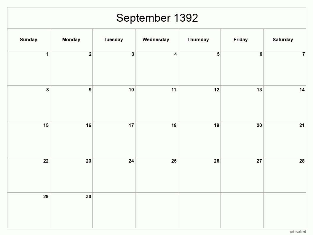 September 1392 Printable Calendar - Classic Blank Sheet