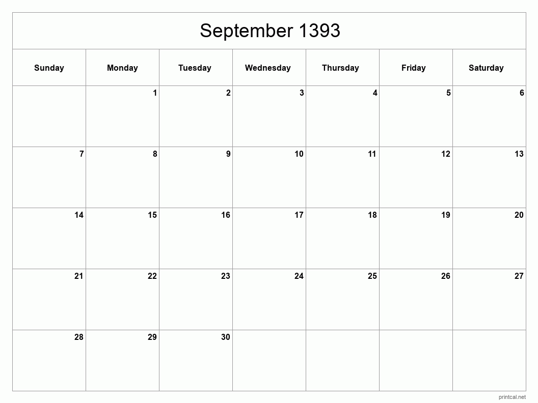 September 1393 Printable Calendar - Classic Blank Sheet
