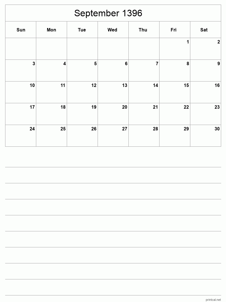 September 1396 Printable Calendar - Half-Page With Notesheet