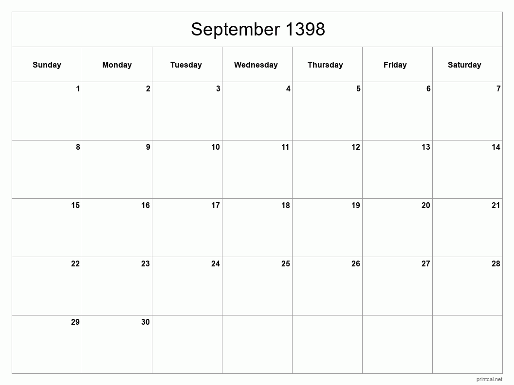 September 1398 Printable Calendar - Classic Blank Sheet