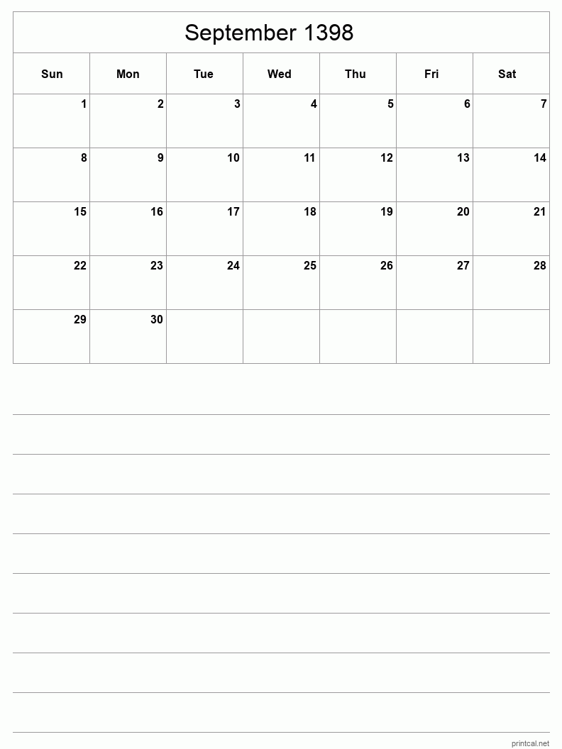 September 1398 Printable Calendar - Half-Page With Notesheet