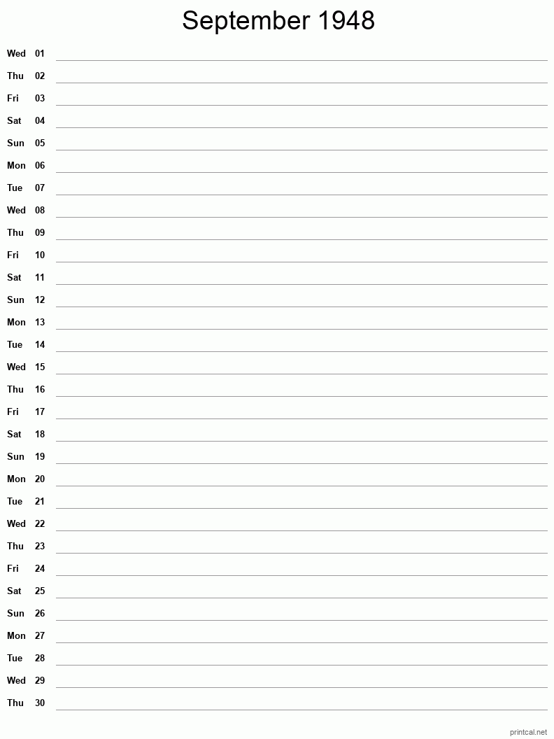 September 1948 Printable Calendar - Single Column Notesheet