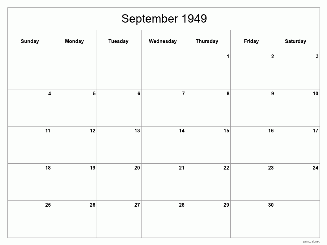 September 1949 Printable Calendar - Classic Blank Sheet