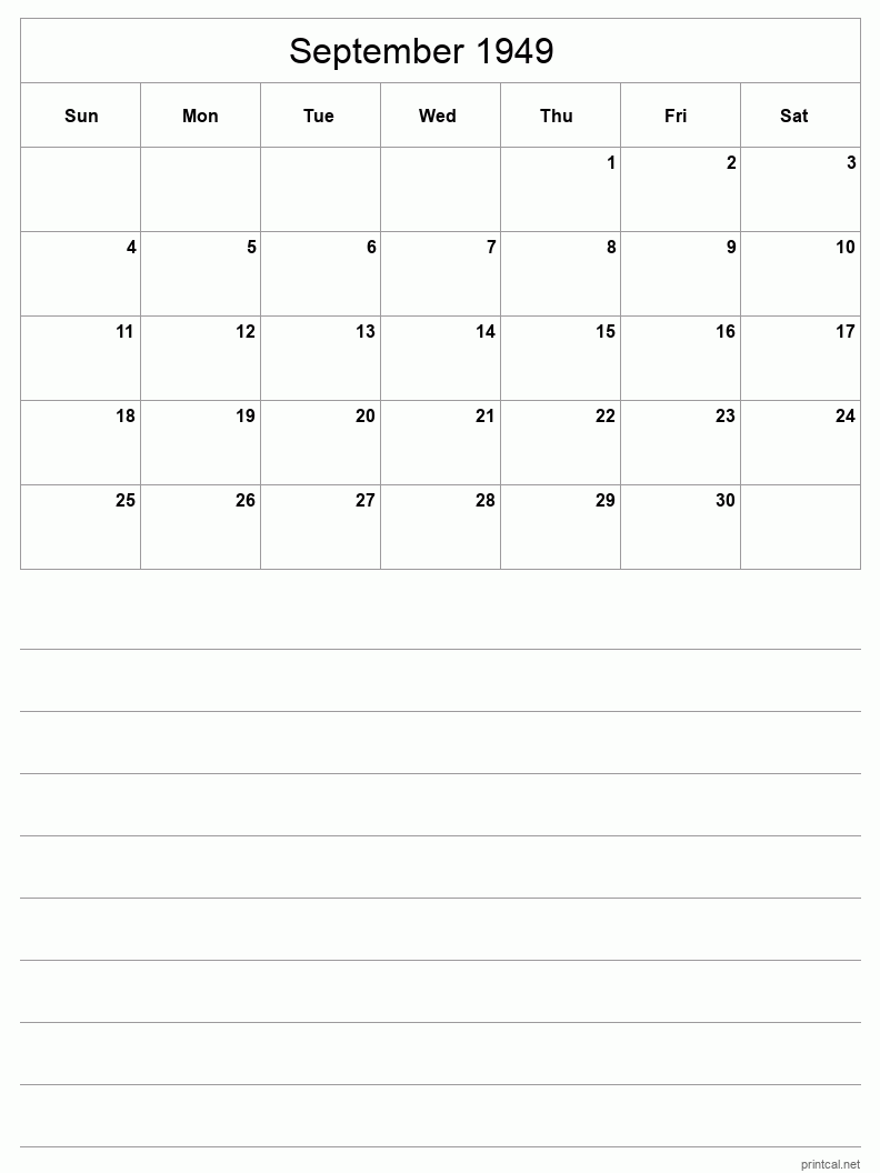 September 1949 Printable Calendar - Half-Page With Notesheet