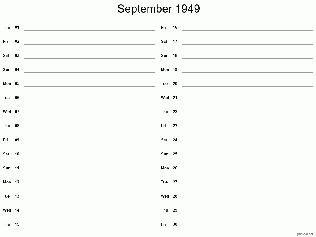 September 1949 Printable Calendar - Two Column Notesheet