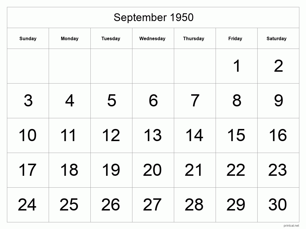 September 1950 Printable Calendar - Big Dates