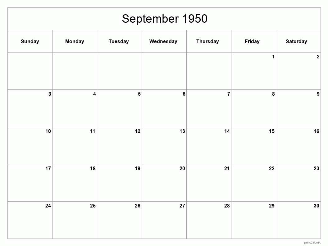 September 1950 Printable Calendar - Classic Blank Sheet