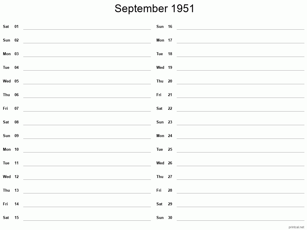 September 1951 Printable Calendar - Two Column Notesheet