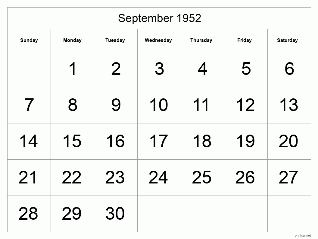 September 1952 Printable Calendar - Big Dates