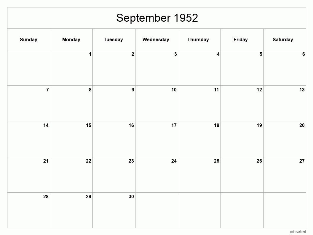 September 1952 Printable Calendar - Classic Blank Sheet