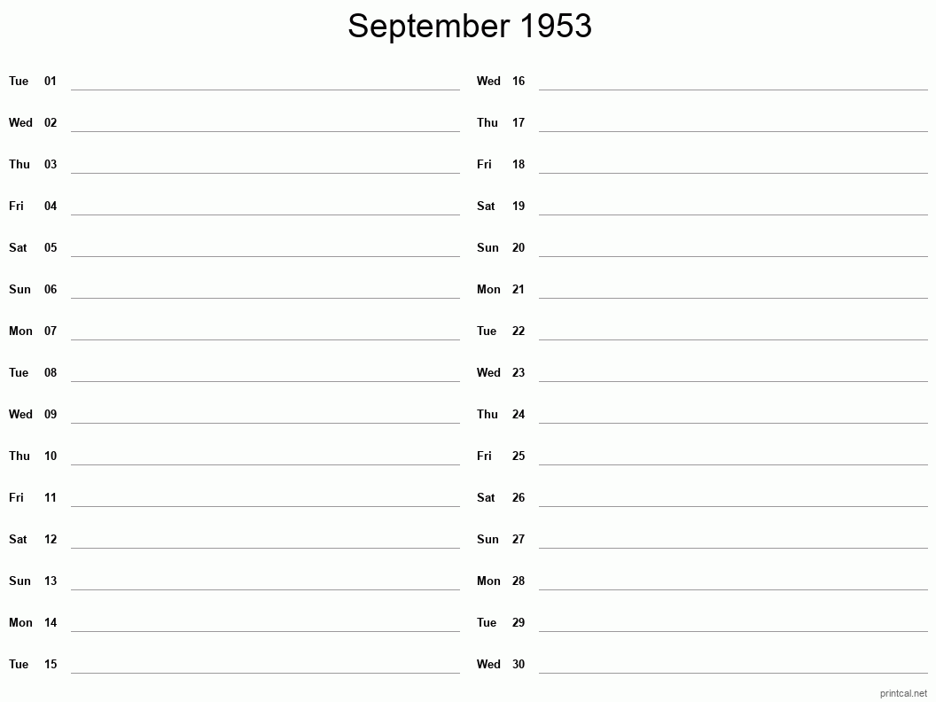 September 1953 Printable Calendar - Two Column Notesheet