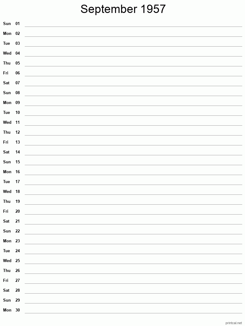 September 1957 Printable Calendar - Single Column Notesheet