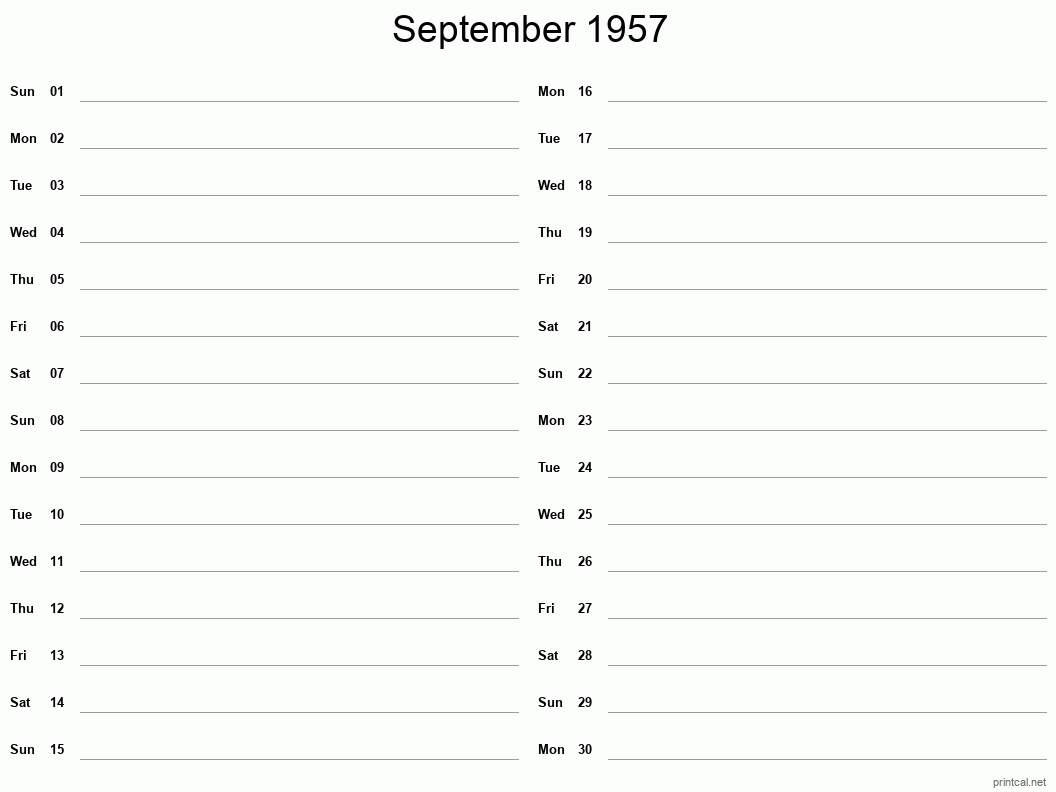 September 1957 Printable Calendar - Two Column Notesheet