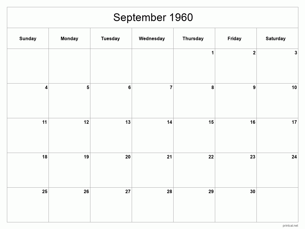 September 1960 Printable Calendar - Classic Blank Sheet