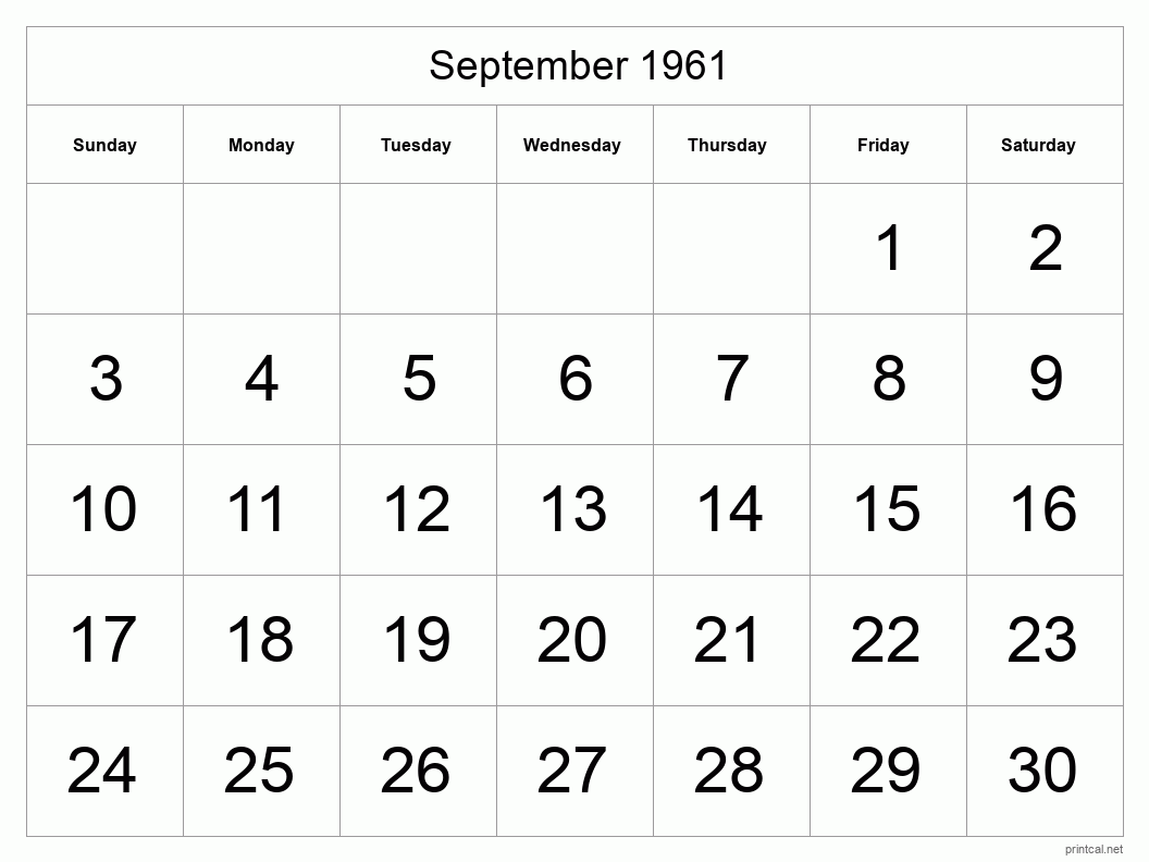 September 1961 Printable Calendar - Big Dates