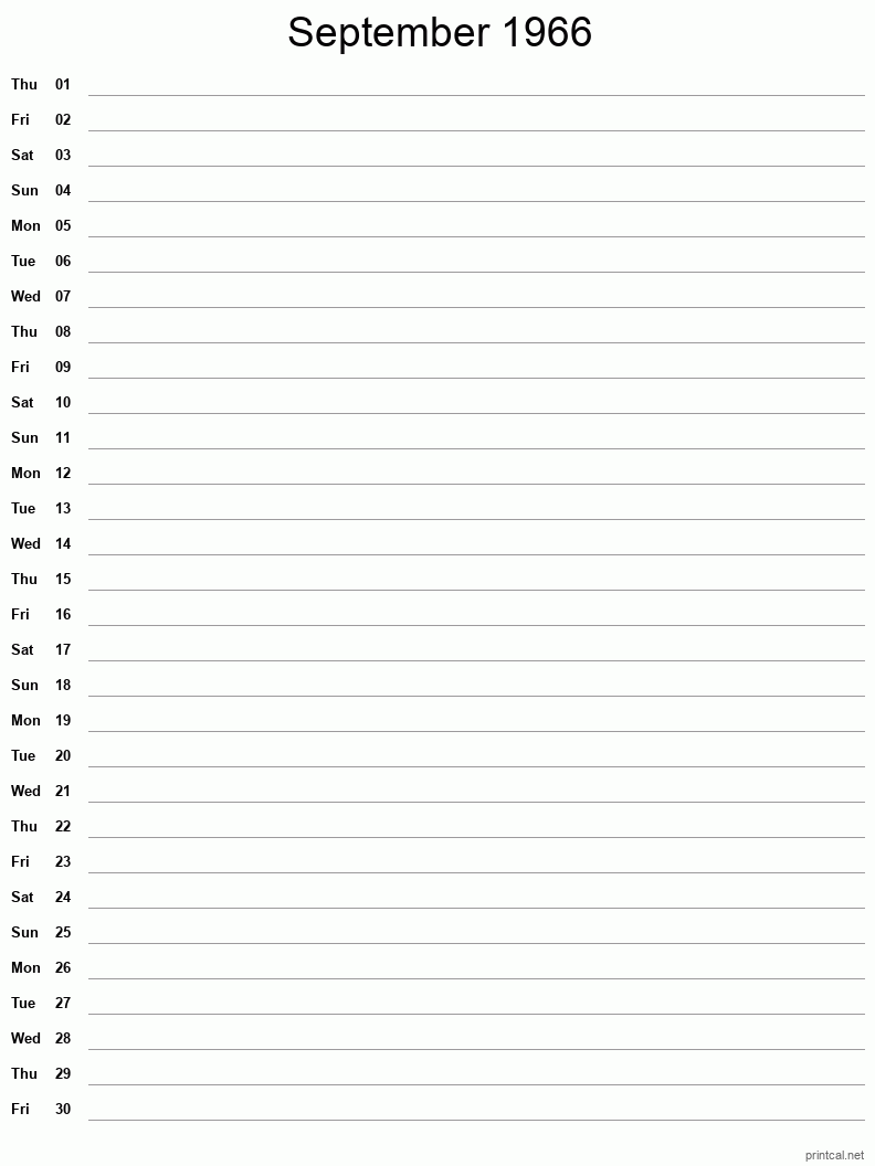 September 1966 Printable Calendar - Single Column Notesheet