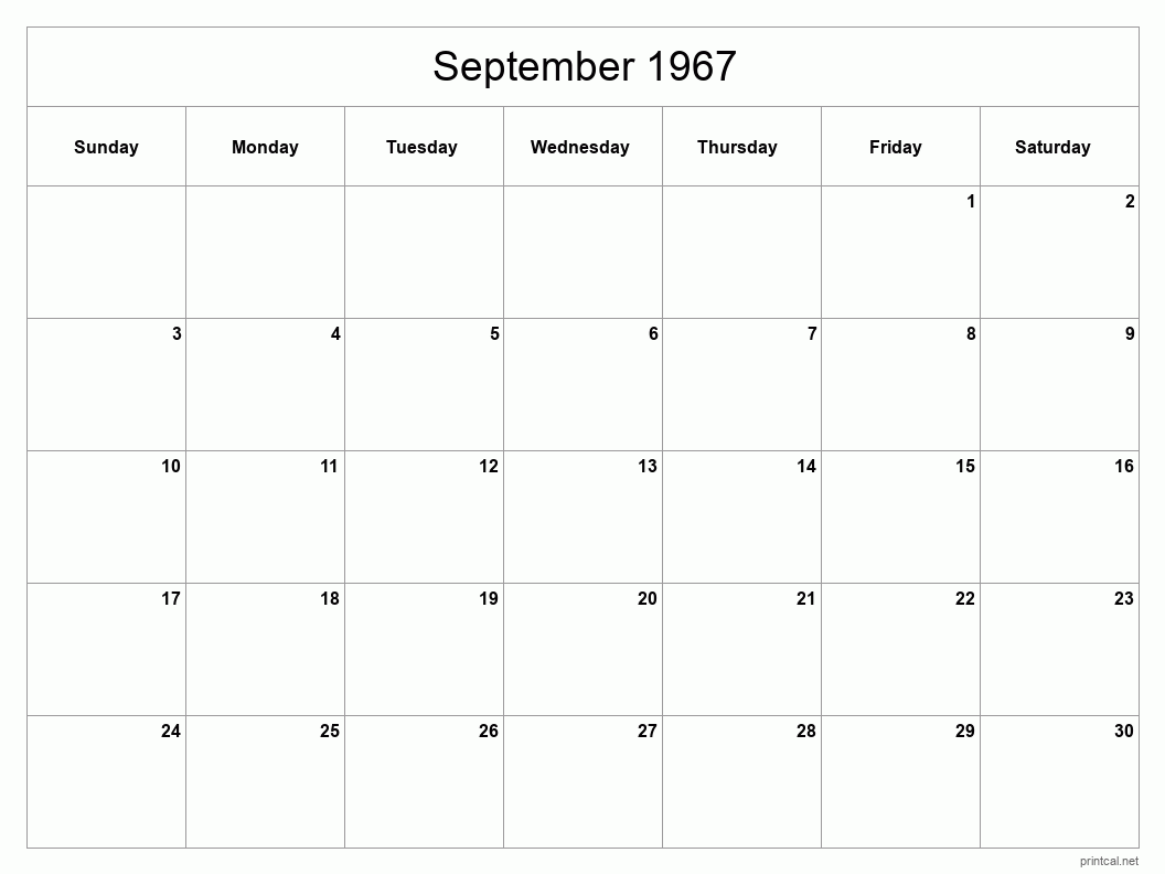 September 1967 Printable Calendar - Classic Blank Sheet