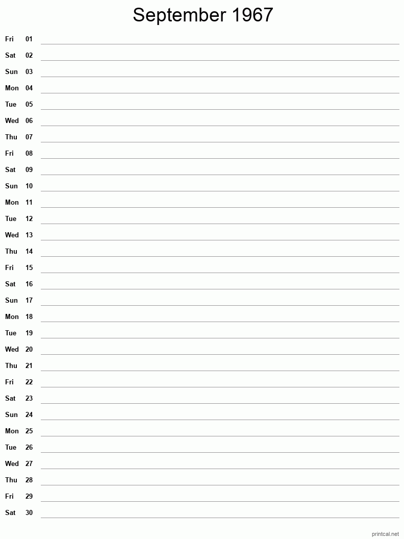 September 1967 Printable Calendar - Single Column Notesheet