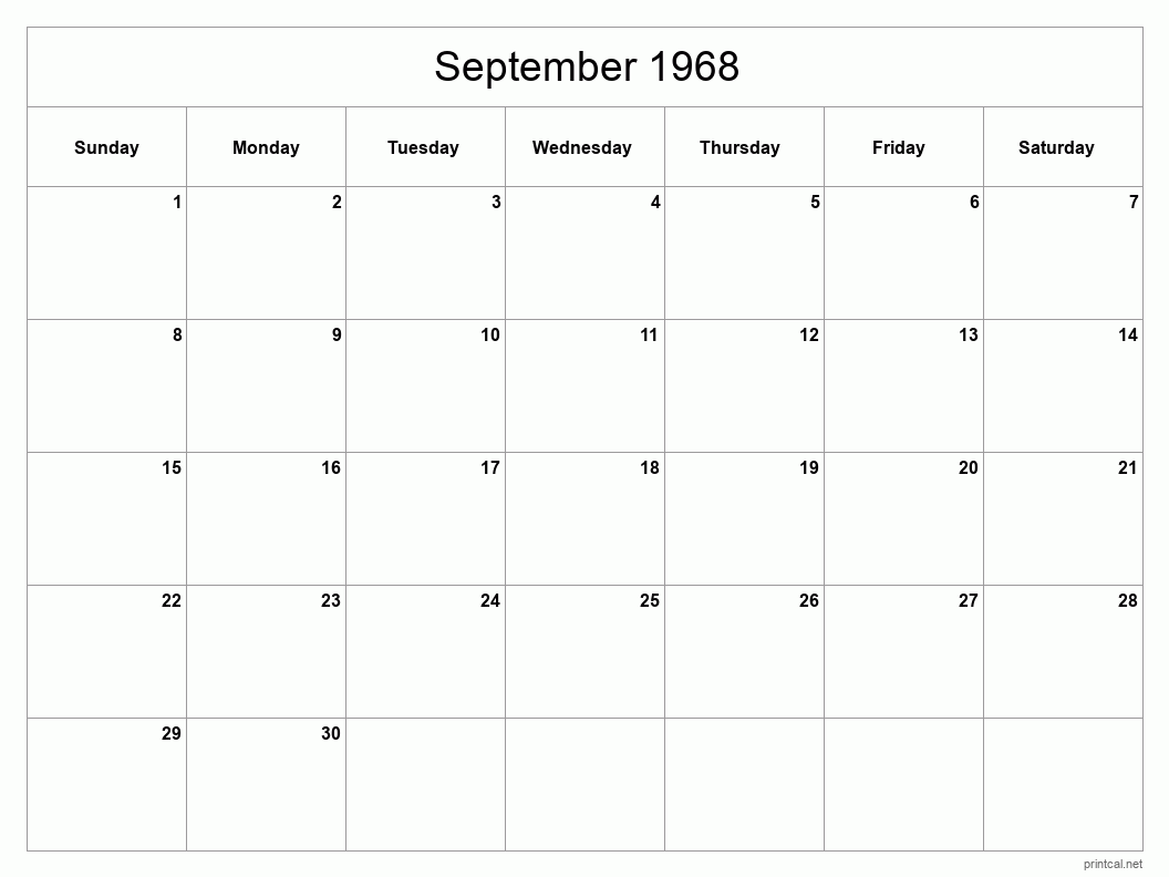 September 1968 Printable Calendar - Classic Blank Sheet