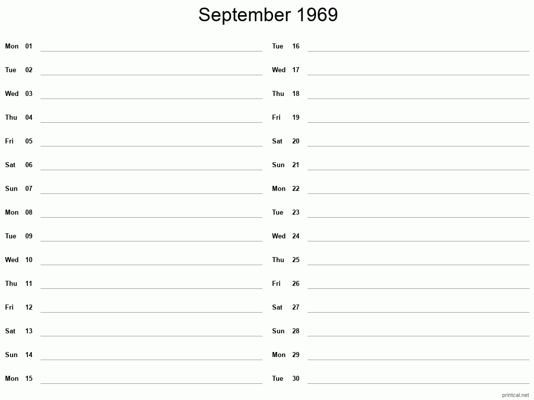 September 1969 Printable Calendar - Two Column Notesheet