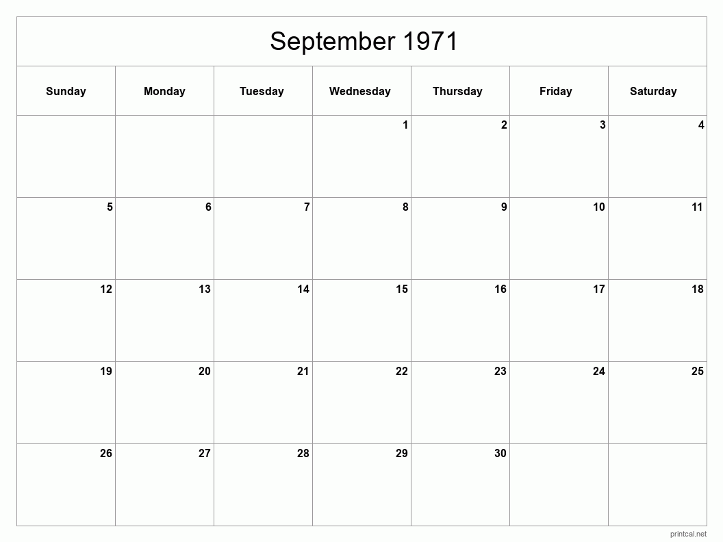 September 1971 Printable Calendar - Classic Blank Sheet