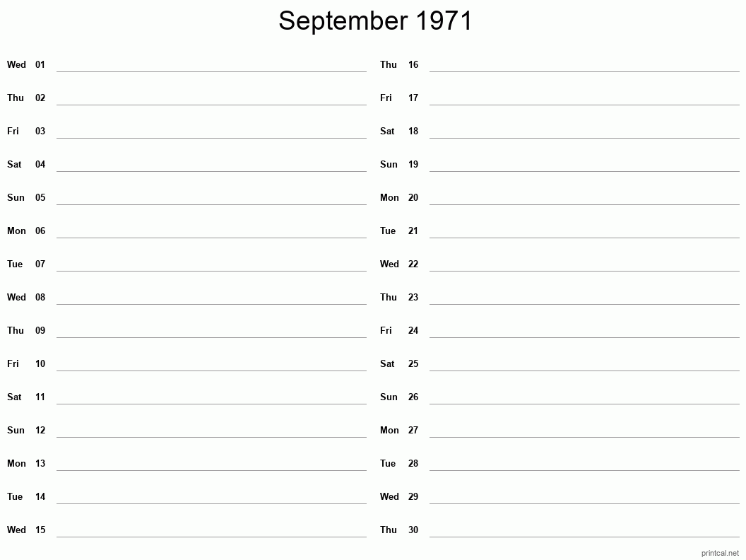 September 1971 Printable Calendar - Two Column Notesheet