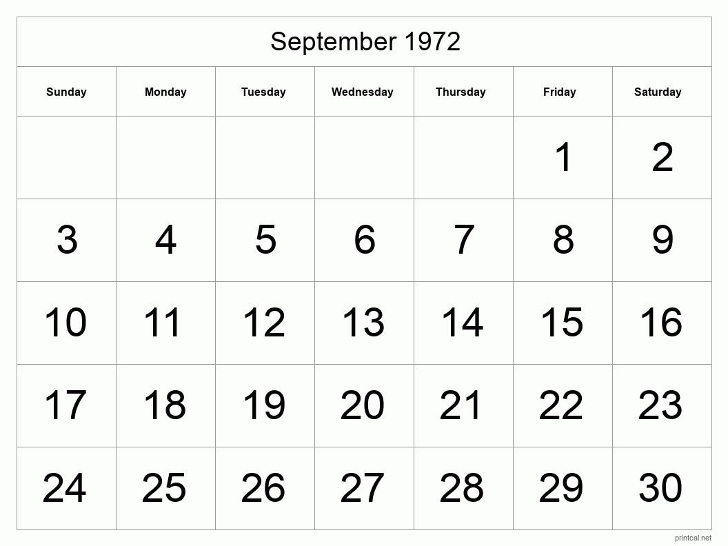 September 1972 Printable Calendar - Big Dates