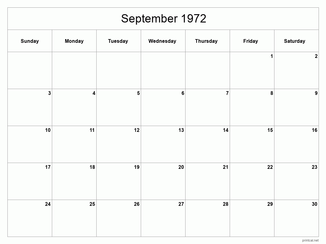 September 1972 Printable Calendar - Classic Blank Sheet