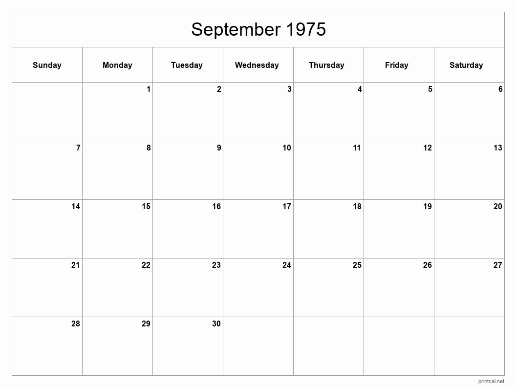 September 1975 Printable Calendar - Classic Blank Sheet